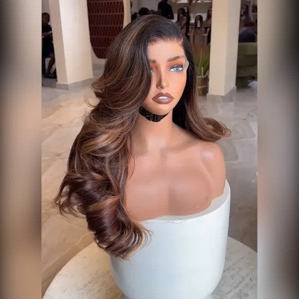 Chic Luxe Hair Highlight Wavy Hair Honey Brown 6×5 Glueless HD Lace Front Wig | 100% Human Hair | 250% Density