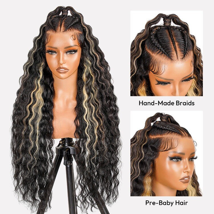 ChicLuxe Hair 100% Human Hair Crimp Wave Long Frontal Wig 13x6 HD Lace Black Caramel Honey Highlight 250% Density Glueless Pre-Braided Wear & Go