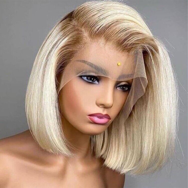 Chic Luxe Hair Blonde Bob With Dark Brown Roots Ombre Lace Closure Bob Wig | 100% Human Hair