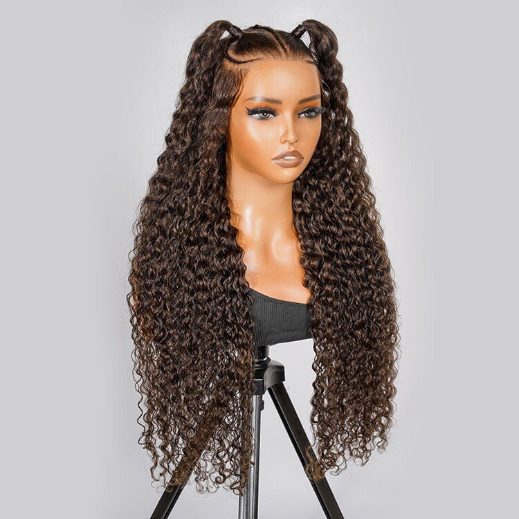 ChicLuxe Hair 100% Human Hair | Crimp Wave | Long Hair | Frontal 13*6 Invisible Transparent Lace | Chestnut Brown | 250% Density | Glueless Pre-Styled And Pre Braided | Pre-Plucked Hairline | Wear Go Wig