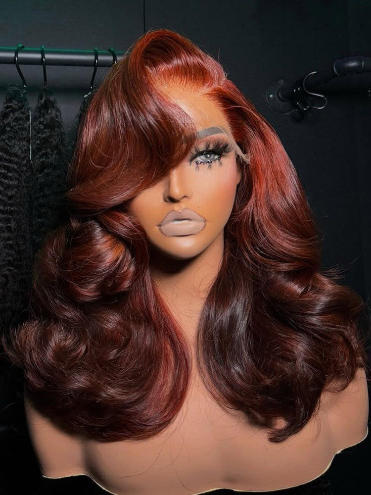 ChicLuxe Hair Vietnamese Layered Bouncy Wave Ready To Go With Curtain Bangs Copper Red Highlight Ombre Wig | 100% Human Hair