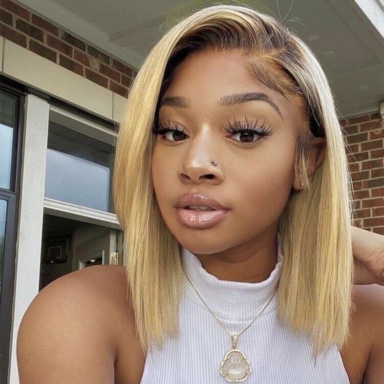 Chic Luxe Hair Blonde Bob With Dark Brown Roots Ombre Lace Closure Bob Wig | 100% Human Hair