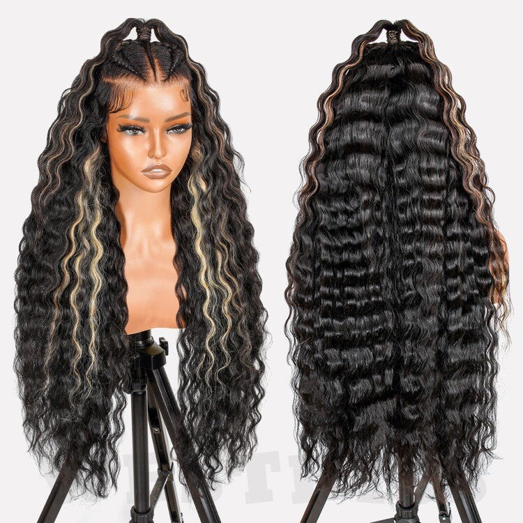 ChicLuxe Hair 100% Human Hair Crimp Wave Long Frontal Wig 13x6 HD Lace Black Caramel Honey Highlight 250% Density Glueless Pre-Braided Wear & Go