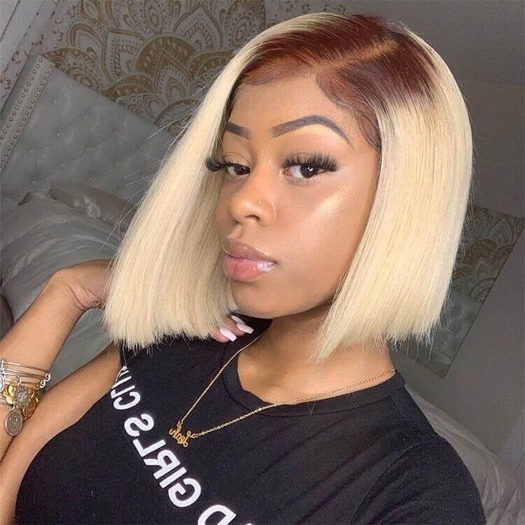 Chic Luxe Hair Blonde Bob With Dark Brown Roots Ombre Lace Closure Bob Wig | 100% Human Hair