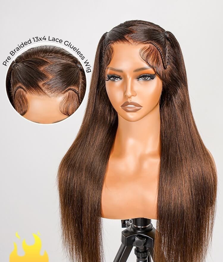 Chic Luxe Hair Glueless #4 Brown Pre-Styled Zig Zag Part Frontal Straight Lace Wig | 100% Human Hair