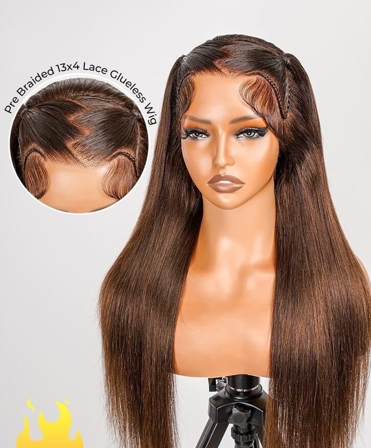 Chic Luxe Hair Glueless #4 Brown Pre-Styled Zig Zag Part Frontal Straight Lace Wig | 100% Human Hair
