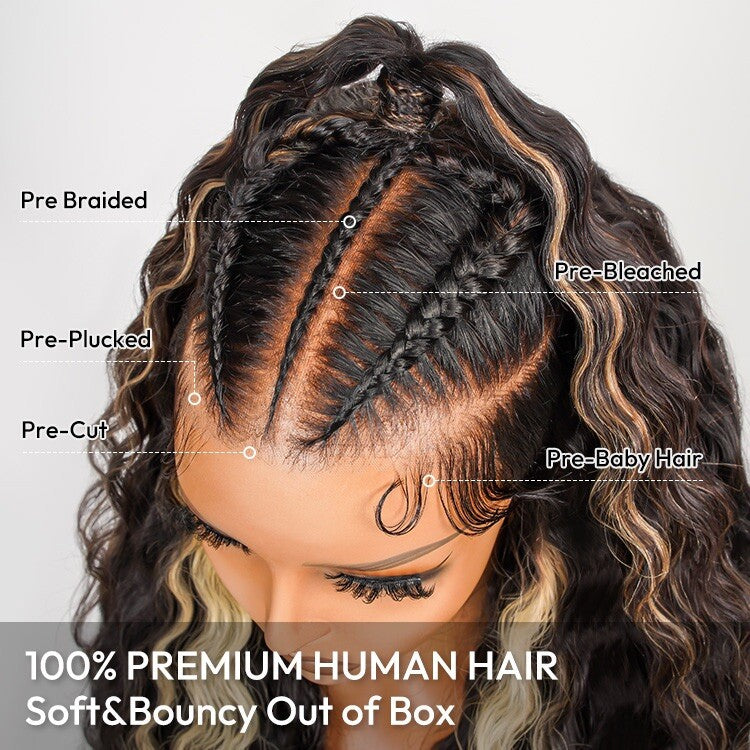 ChicLuxe Hair 100% Human Hair Crimp Wave Long Frontal Wig 13x6 HD Lace Black Caramel Honey Highlight 250% Density Glueless Pre-Braided Wear & Go