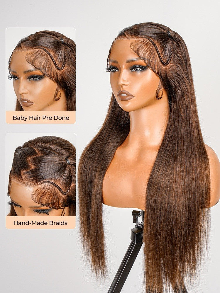 Chic Luxe Hair Glueless #4 Brown Pre-Styled Zig Zag Part Frontal Straight Lace Wig | 100% Human Hair