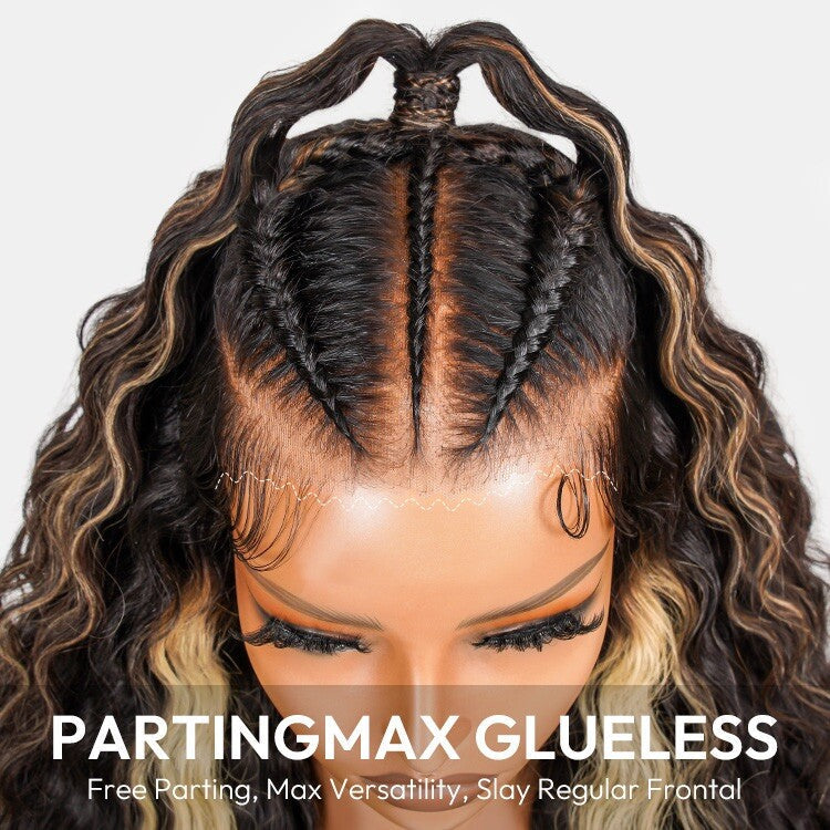 ChicLuxe Hair 100% Human Hair Crimp Wave Long Frontal Wig 13x6 HD Lace Black Caramel Honey Highlight 250% Density Glueless Pre-Braided Wear & Go
