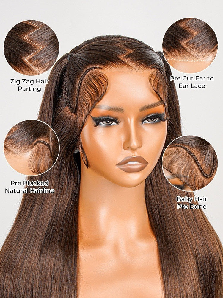 Chic Luxe Hair Glueless #4 Brown Pre-Styled Zig Zag Part Frontal Straight Lace Wig | 100% Human Hair