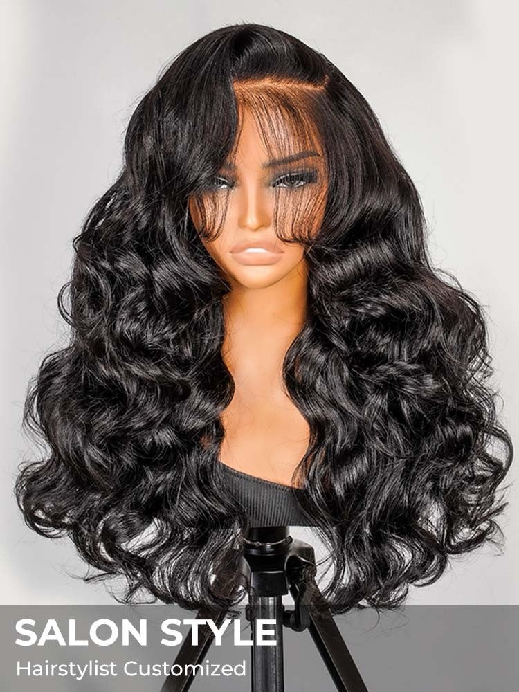 Chic Luxe Hair Glueless Salon Style Bouncy Wavy Frontal Side Part Ready To Go Wig | 100% Human Hair