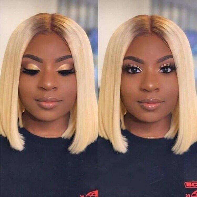 Chic Luxe Hair Blonde Bob With Dark Brown Roots Ombre Lace Closure Bob Wig | 100% Human Hair