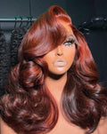 ChicLuxe Hair Vietnamese Layered Bouncy Wave Ready To Go With Curtain Bangs Copper Red Highlight Ombre Wig | 100% Human Hair