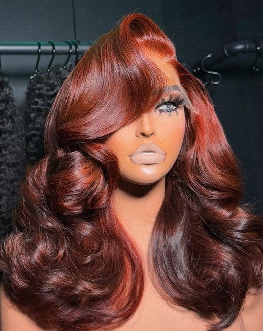 ChicLuxe Hair Vietnamese Layered Bouncy Wave Ready To Go With Curtain Bangs Copper Red Highlight Ombre Wig | 100% Human Hair