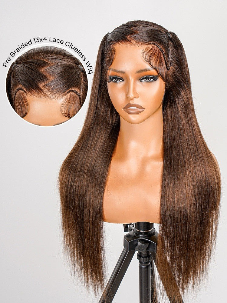 Chic Luxe Hair Glueless #4 Brown Pre-Styled Zig Zag Part Frontal Straight Lace Wig | 100% Human Hair