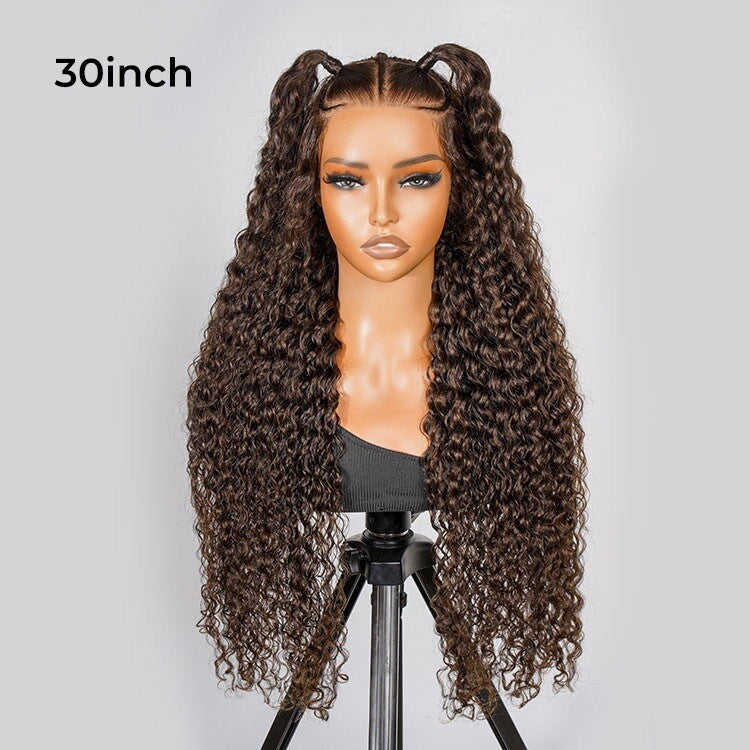 ChicLuxe Hair 100% Human Hair | Crimp Wave | Long Hair | Frontal 13*6 Invisible Transparent Lace | Chestnut Brown | 250% Density | Glueless Pre-Styled And Pre Braided | Pre-Plucked Hairline | Wear Go Wig