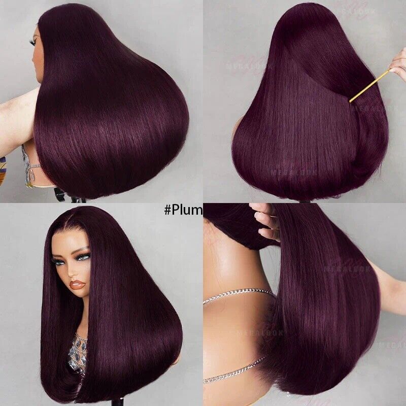 Super Double Drawn Human Hair Glueless Lace Front Straight Wear And Go Dark Purple Wig