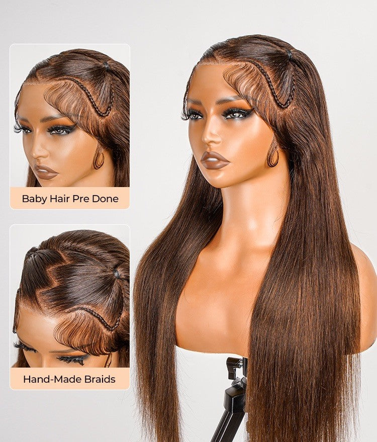 Chic Luxe Hair Glueless #4 Brown Pre-Styled Zig Zag Part Frontal Straight Lace Wig | 100% Human Hair
