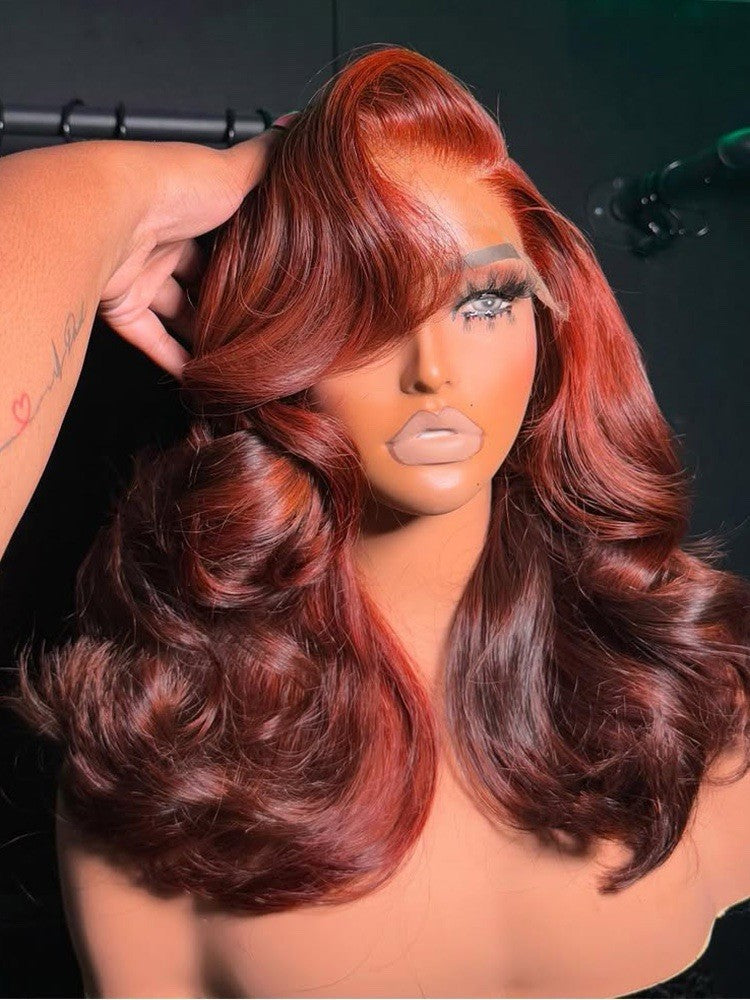 ChicLuxe Hair Vietnamese Layered Bouncy Wave Ready To Go With Curtain Bangs Copper Red Highlight Ombre Wig | 100% Human Hair