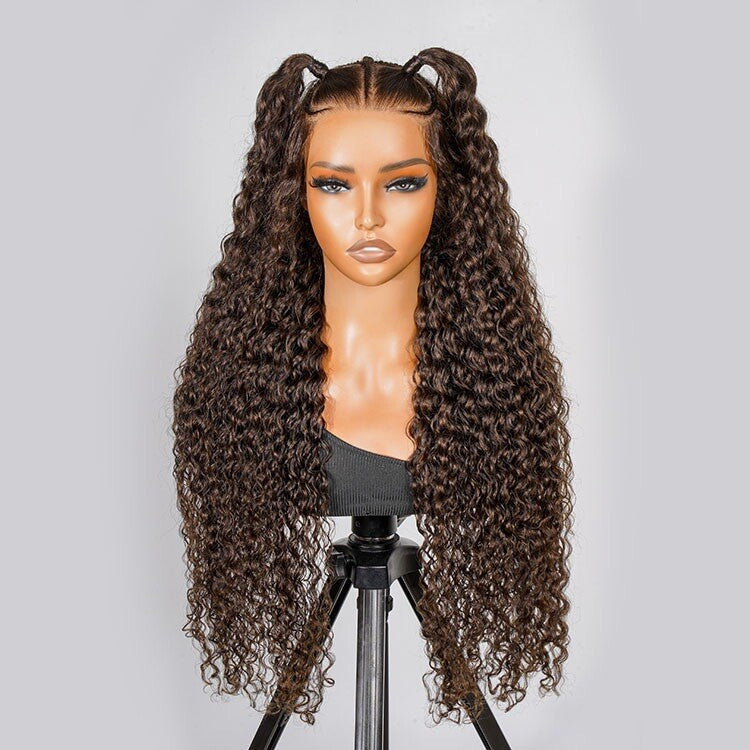 ChicLuxe Hair 100% Human Hair | Crimp Wave | Long Hair | Frontal 13*6 Invisible Transparent Lace | Chestnut Brown | 250% Density | Glueless Pre-Styled And Pre Braided | Pre-Plucked Hairline | Wear Go Wig