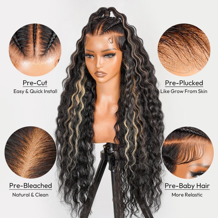 ChicLuxe Hair 100% Human Hair Crimp Wave Long Frontal Wig 13x6 HD Lace Black Caramel Honey Highlight 250% Density Glueless Pre-Braided Wear & Go