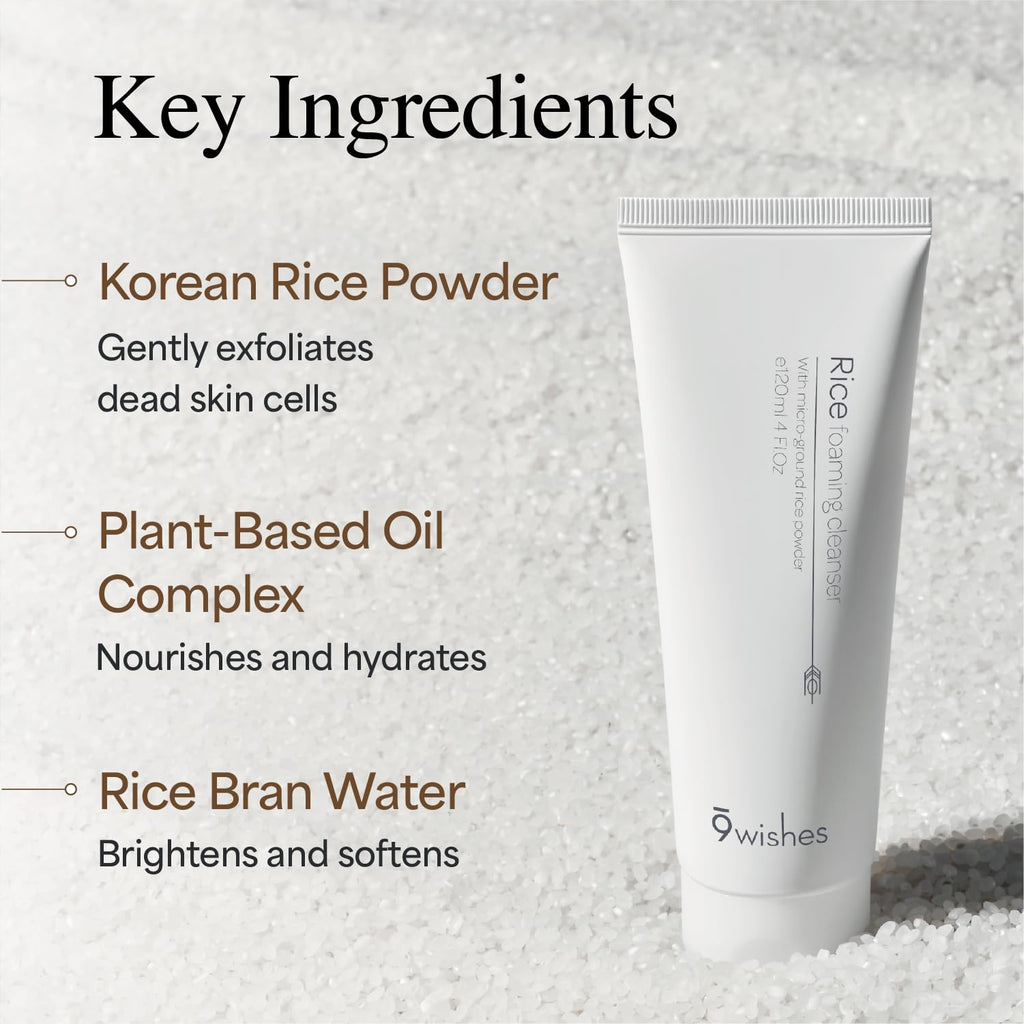 9 Wishes Rice Foaming Cleanser – Gentle Pore Refining Exfoliator with Real Rice Powder (4 fl oz)