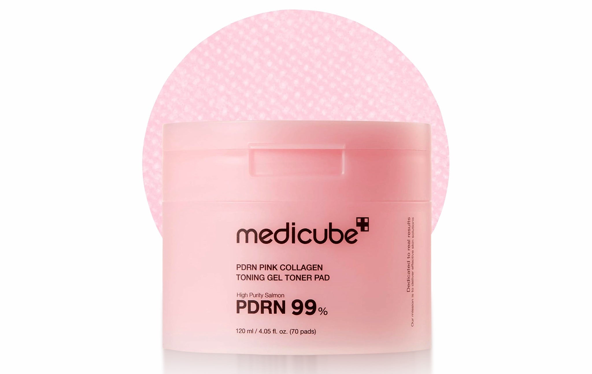 Pink gel toner pad with 'medicube' branding on a white background
