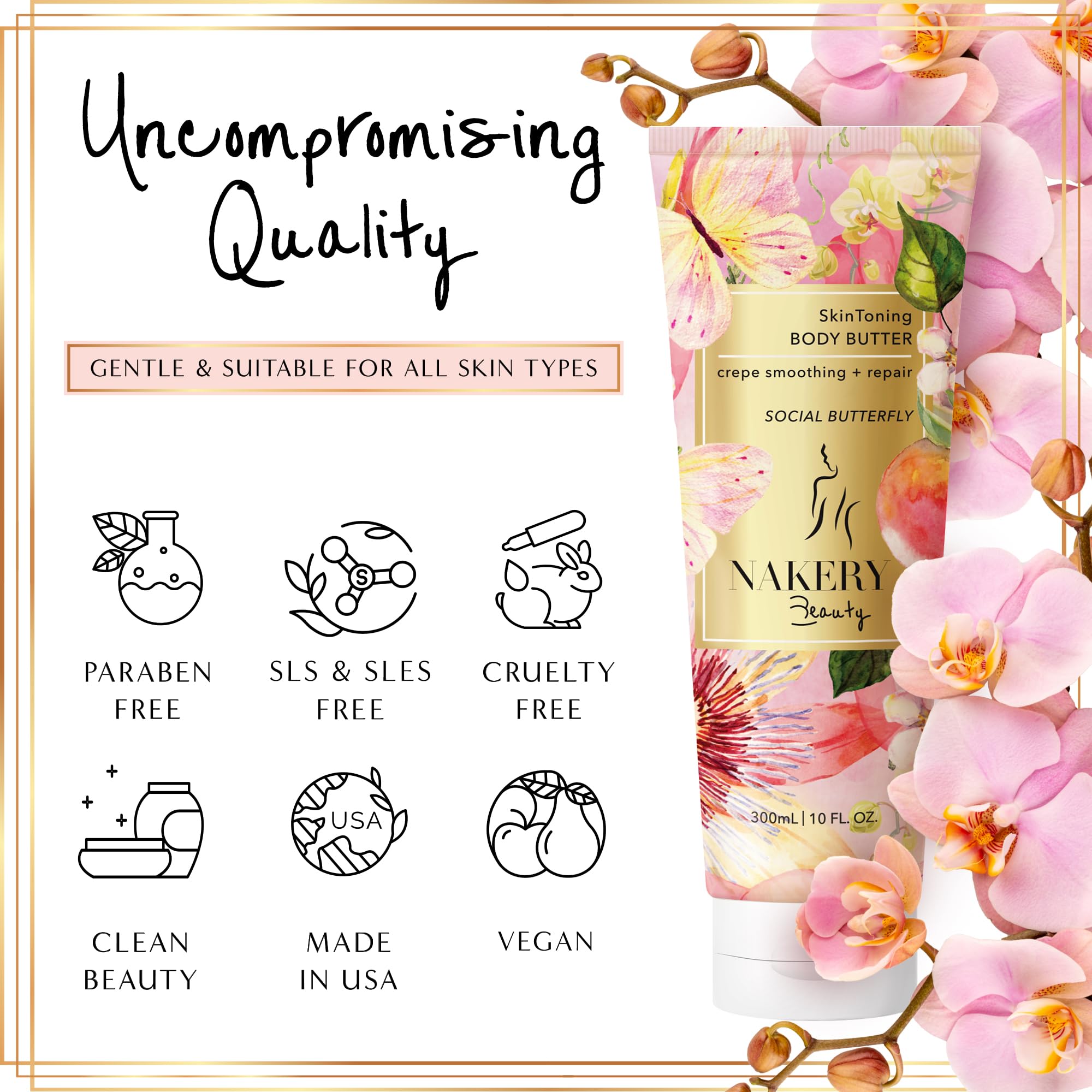 Nakery Body Butter Anti-Aging Moisturizer – Skin Tightening & Neck Firming Cream for Dry Skin, 300ml (Social Butterfly)
