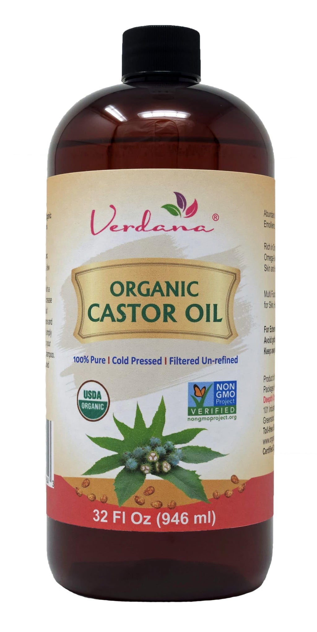 Verdana Organic Castor Oil – Cold Pressed, Hexane Free, USDA Organic – 32 fl oz