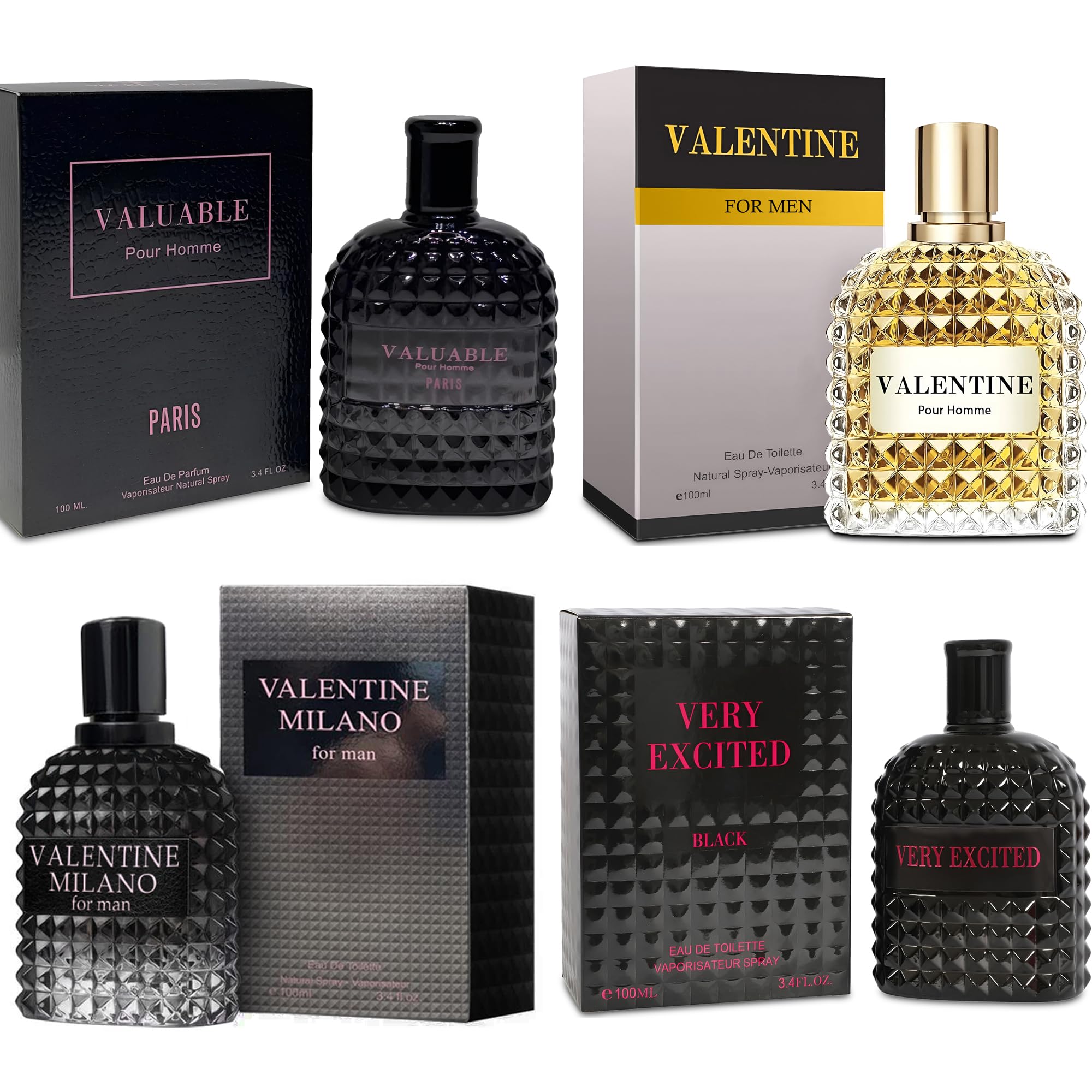 A CENTER Men's Cologne Gift Set — 4 Signature Scents: Valentine Milano, Valentine, Very Excited, Valuable Paris | Vanilla Bourbon, Leather & Amber Floral | 3.4 Fl Oz Each