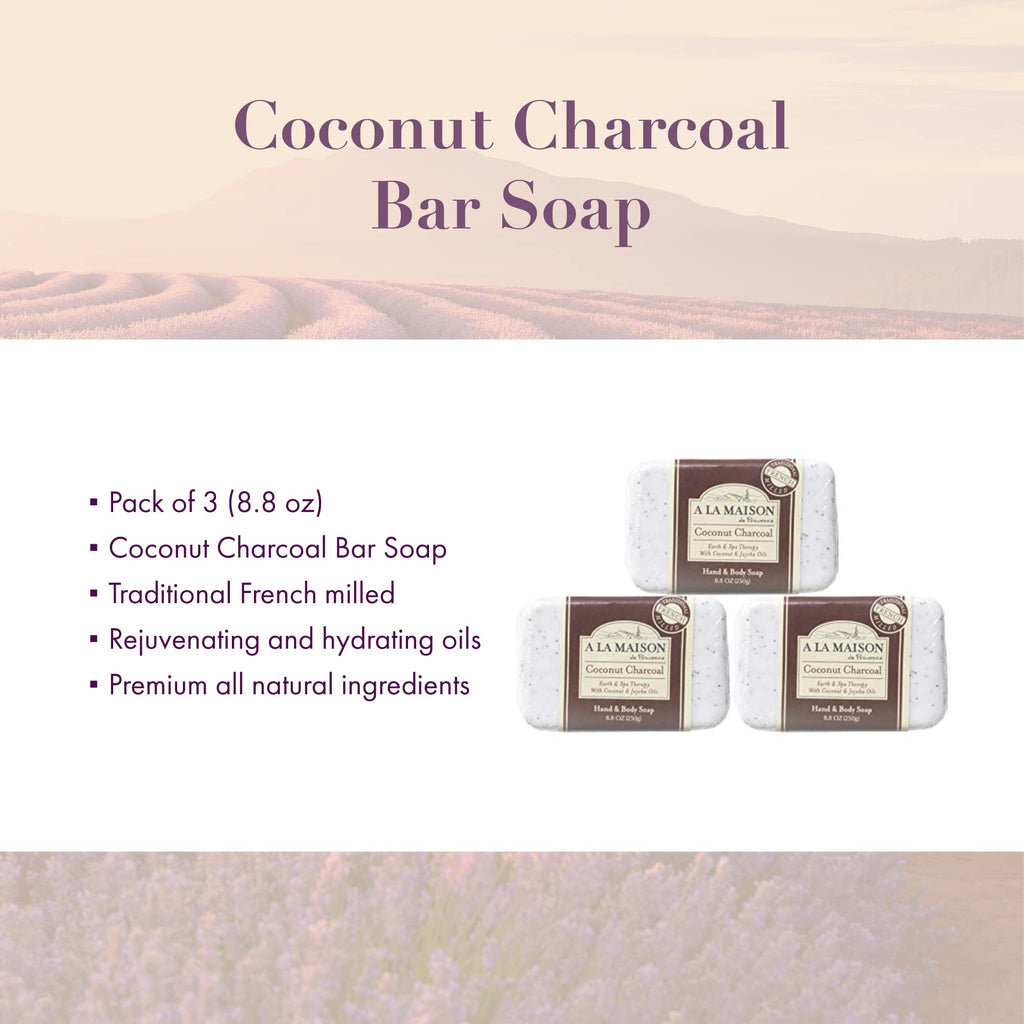A LA MAISON Coconut Charcoal Bar Soap – Triple Milled, Vegan & Cruelty-Free (3 Bars, 8.8 oz) | Hand & Body