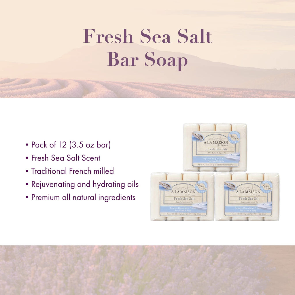 A LA MAISON Fresh Sea Salt Bar Soap – Triple Milled, Vegan & Biodegradable | 12 Bars x 3.5 oz