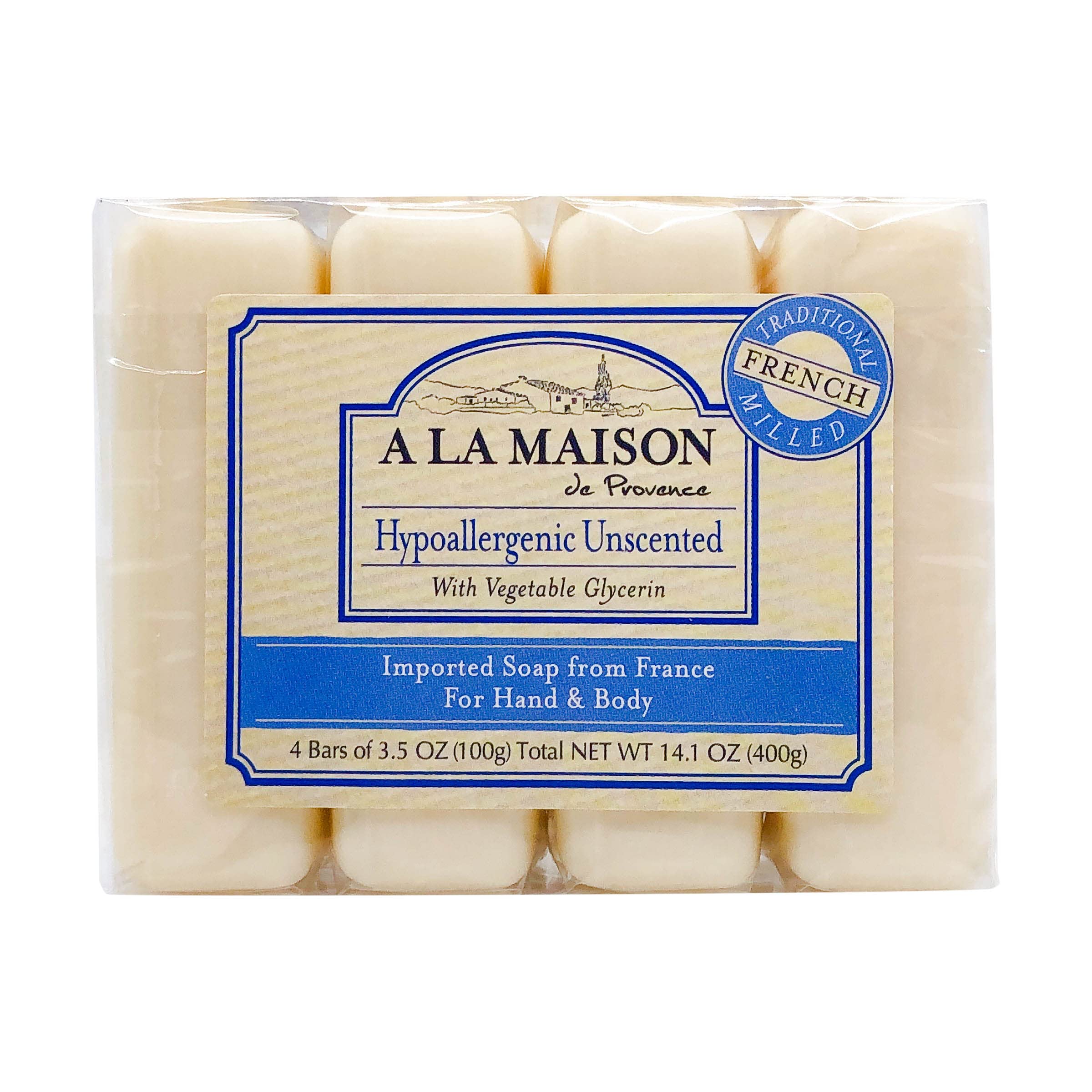 A LA MAISON Hypoallergenic Unscented Bar Soap – 4 Bars, 3.5 oz Each | Triple French Milled