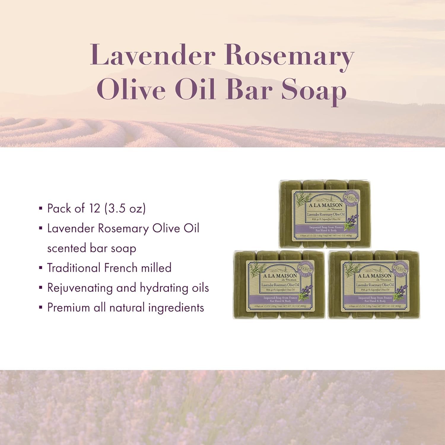 A LA MAISON Lavender Rosemary Olive Oil Bar Soap — Triple Milled, 12 Bars, 3.5 oz