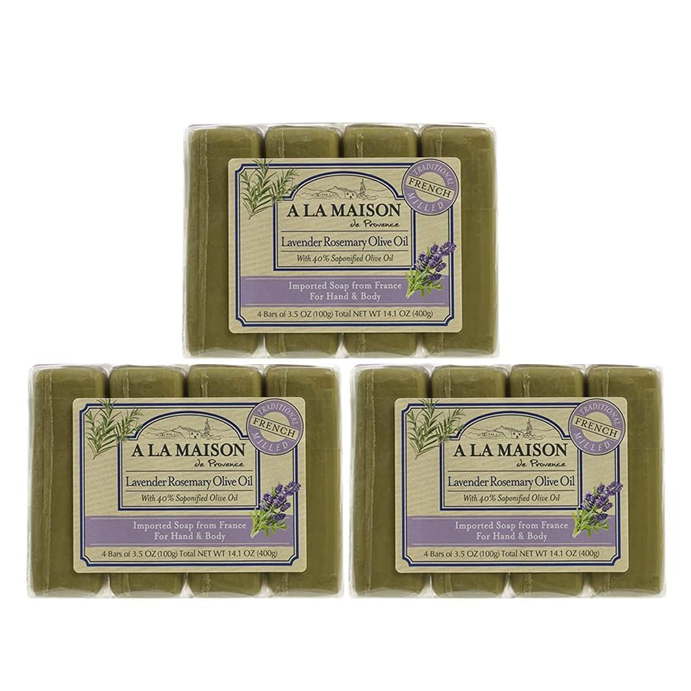 A LA MAISON Lavender Rosemary Olive Oil Bar Soap — Triple Milled, 12 Bars, 3.5 oz