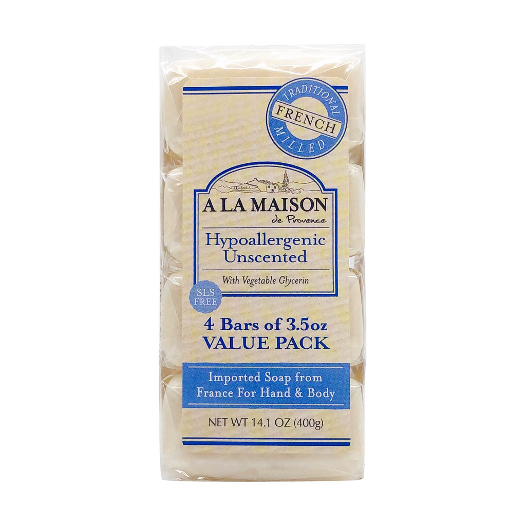 A LA MAISON Hypoallergenic Unscented Bar Soap – 4 Bars, 3.5 oz Each | Triple French Milled