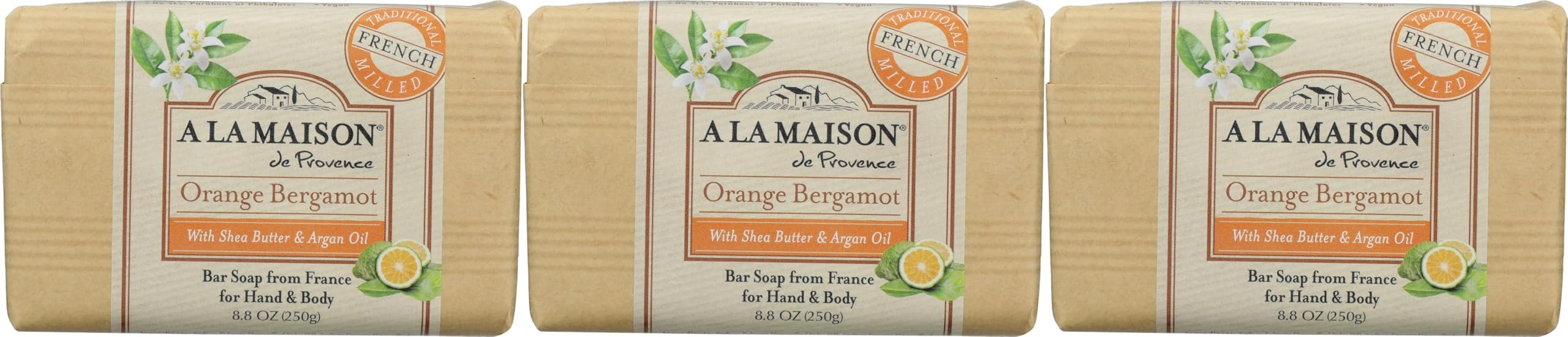 A LA MAISON Triple French Milled Bar Soap – 3 Bars, 8.8 oz Each, Bergamot Orange