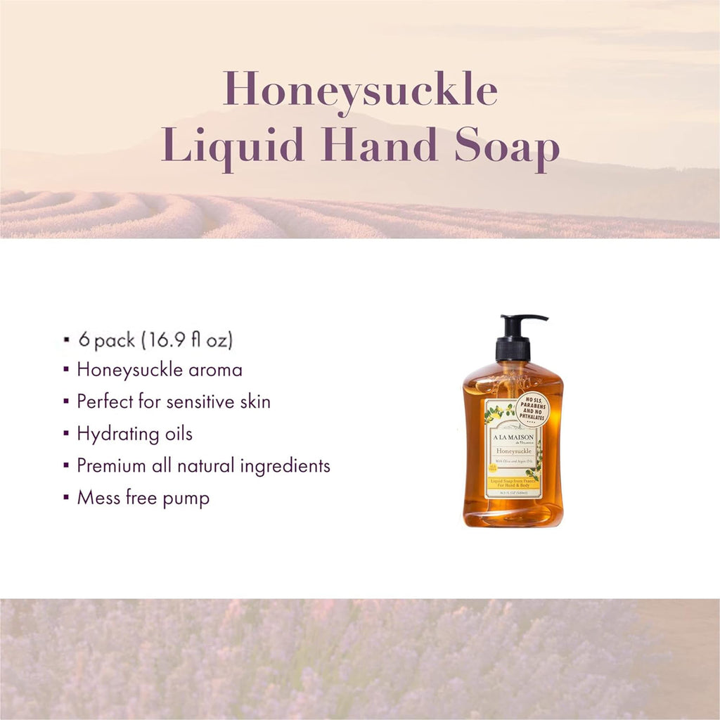 A LA MAISON Honeysuckle French Liquid Hand Soap – 16.9 oz (6-Pack) – Plant-Based, Vegan, Cruelty-Free