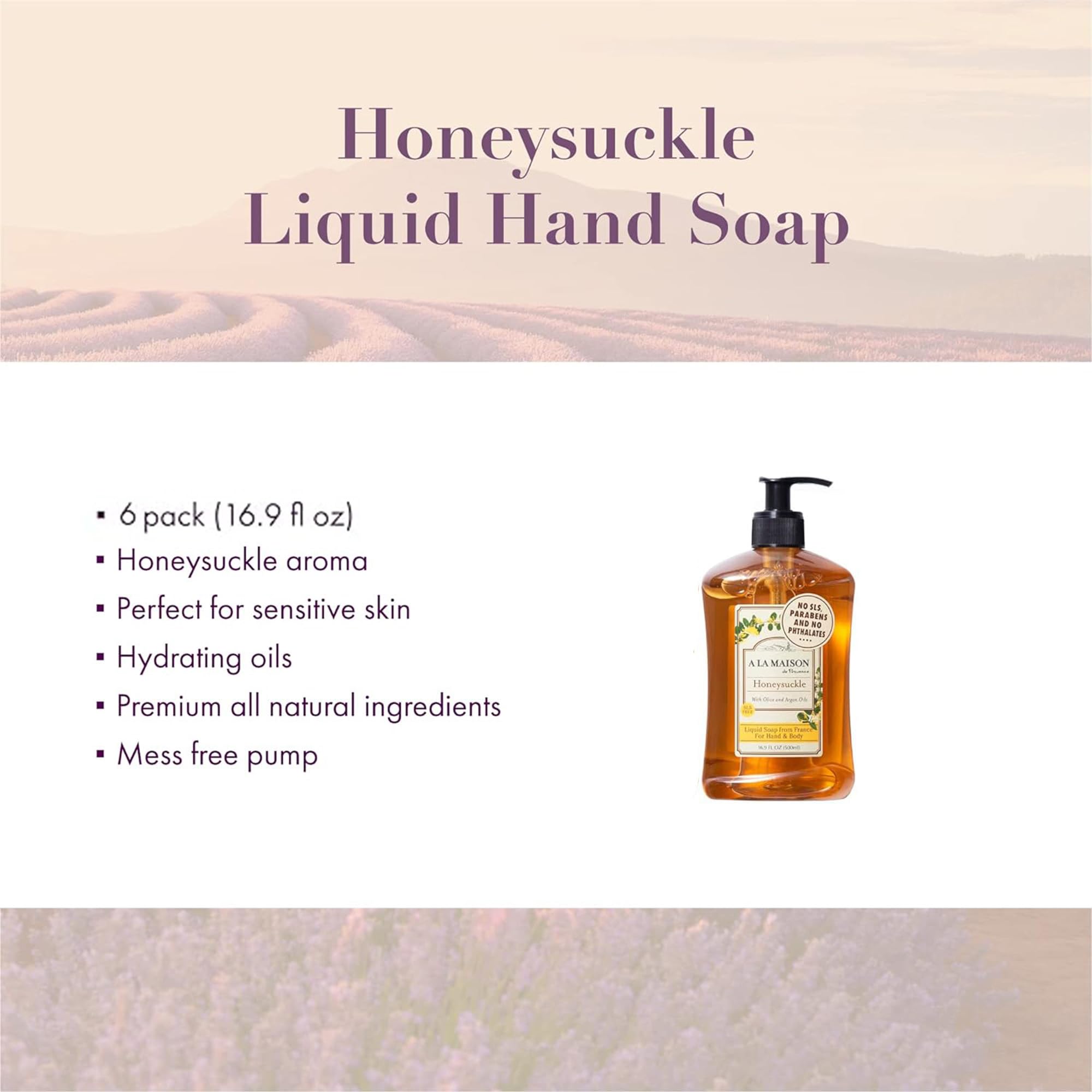 A LA MAISON Honeysuckle French Liquid Hand Soap – 16.9 oz (6-Pack) – Plant-Based, Vegan, Cruelty-Free