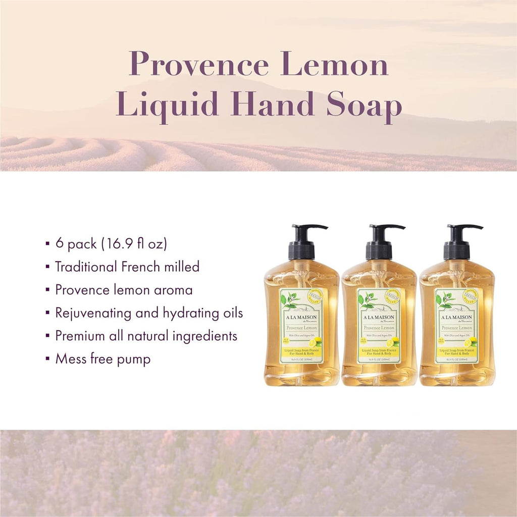 A LA MAISON Provence Lemon Liquid Hand Soap 16.9 oz (6 Pack) – Plant-Based, Vegan, Cruelty-Free, Alcohol & Paraben Free