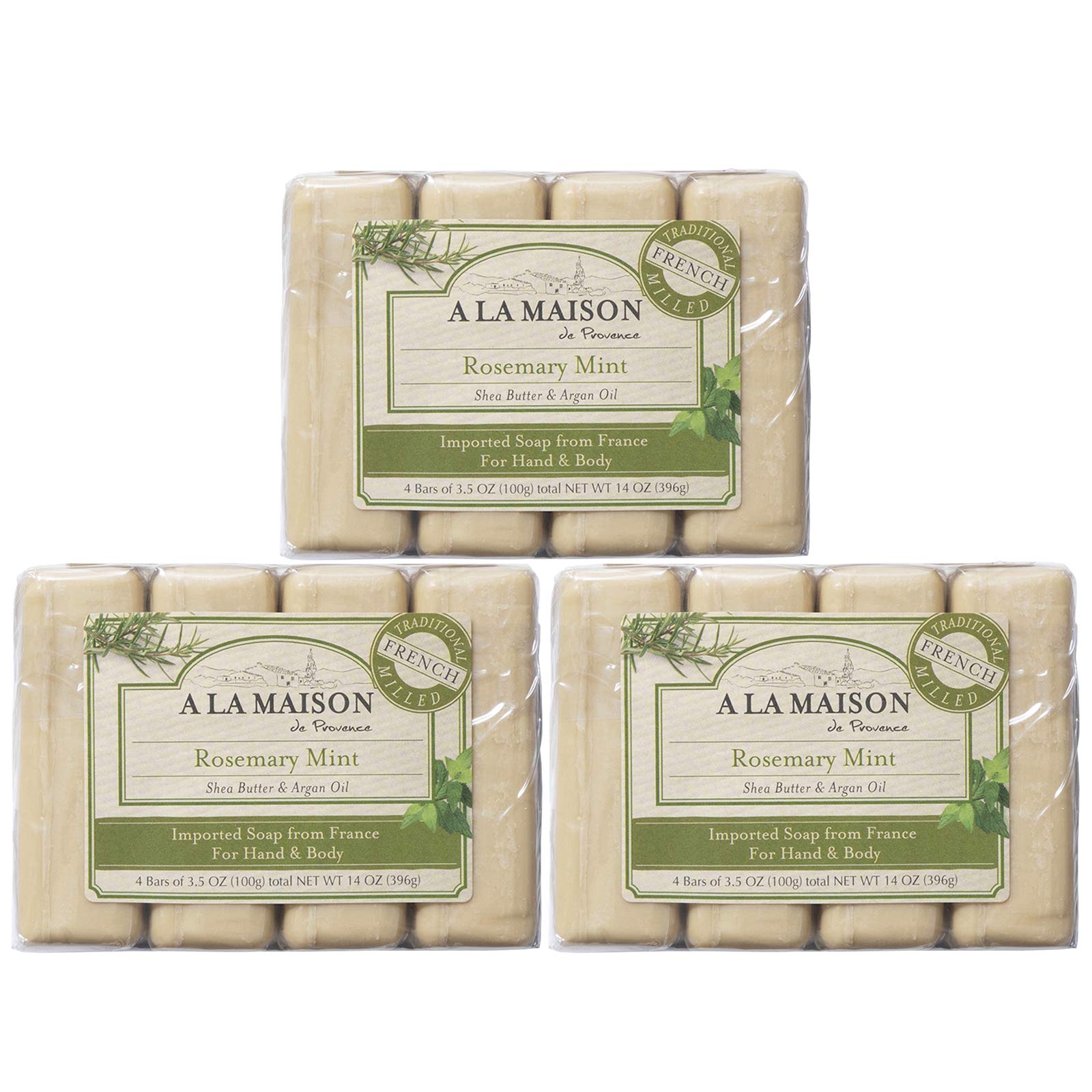 A LA MAISON Rosemary Mint Bar Soap – Triple French Milled Moisturizing Hand Soap (4 Bars, 3.5 oz each)
