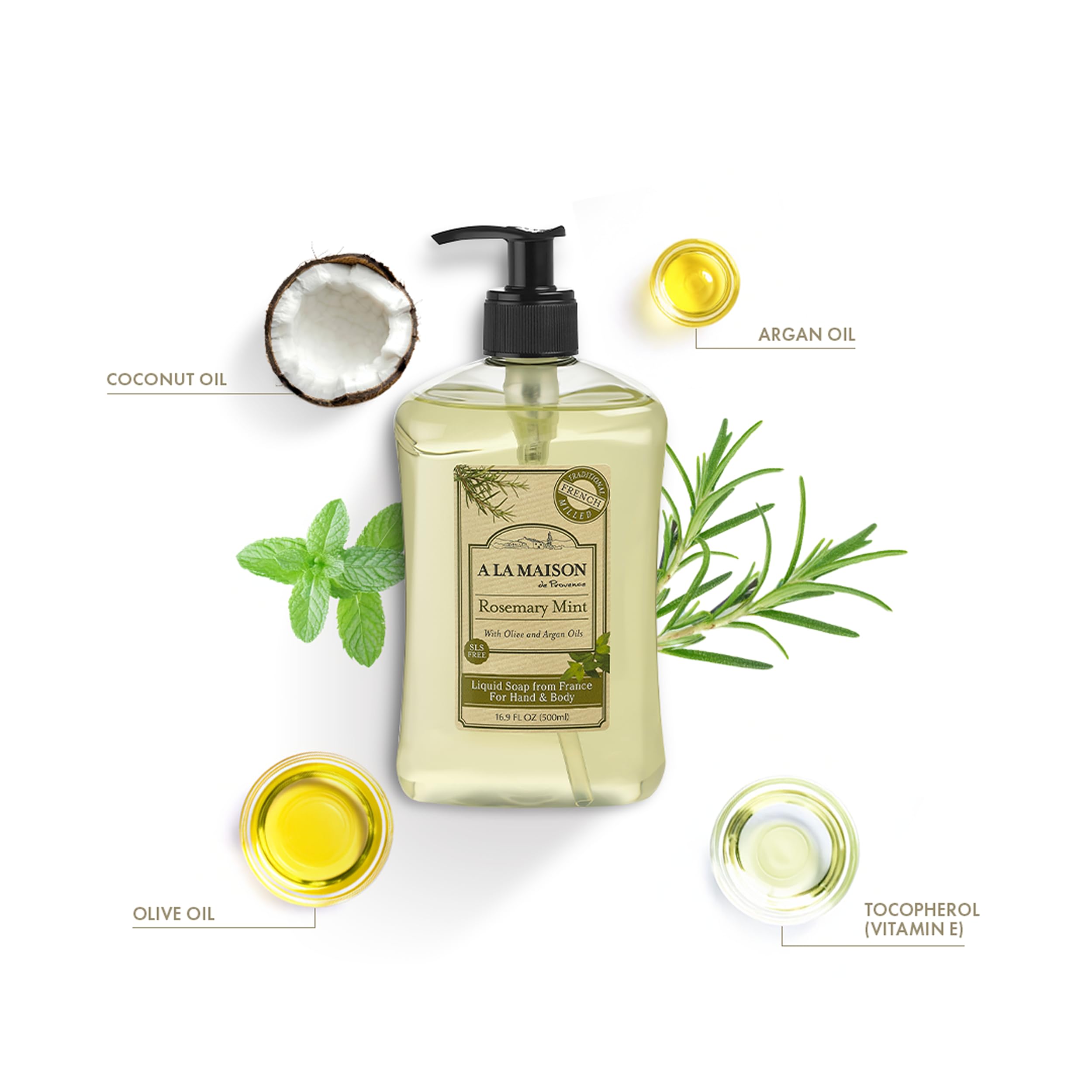 A LA MAISON Rosemary Mint Liquid Soap – Plant-Based, Triple Milled, 16.9 oz (6 Pack)