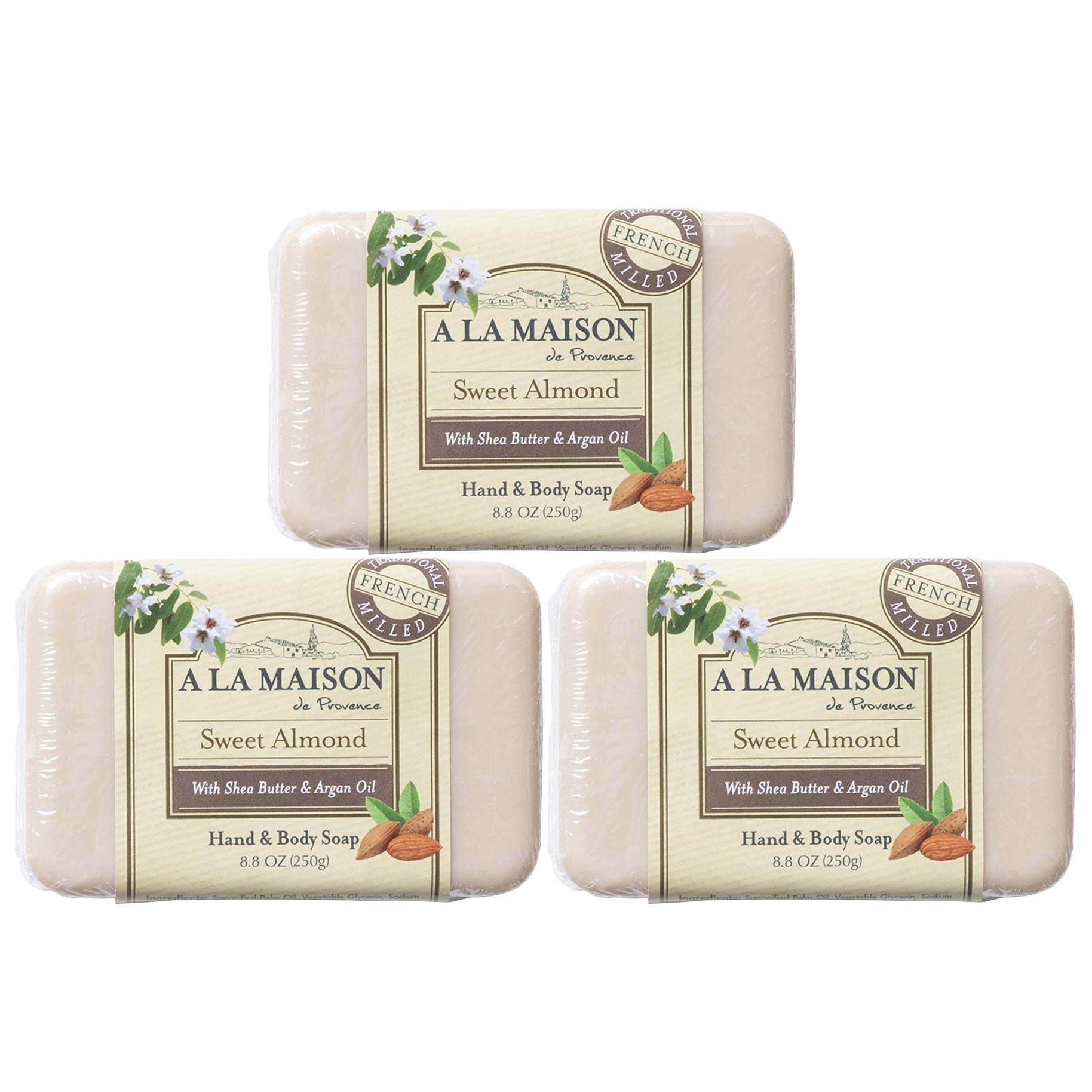 A LA MAISON Triple French Milled Bar Soap – Sweet Almond, 8.8 oz (3 Bars)