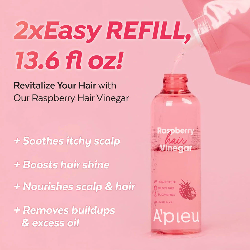 A'PIEU Raspberry Hair Vinegar Refill — Deep Scalp Detox and pH-Balanced Rinse for Oily Hair
