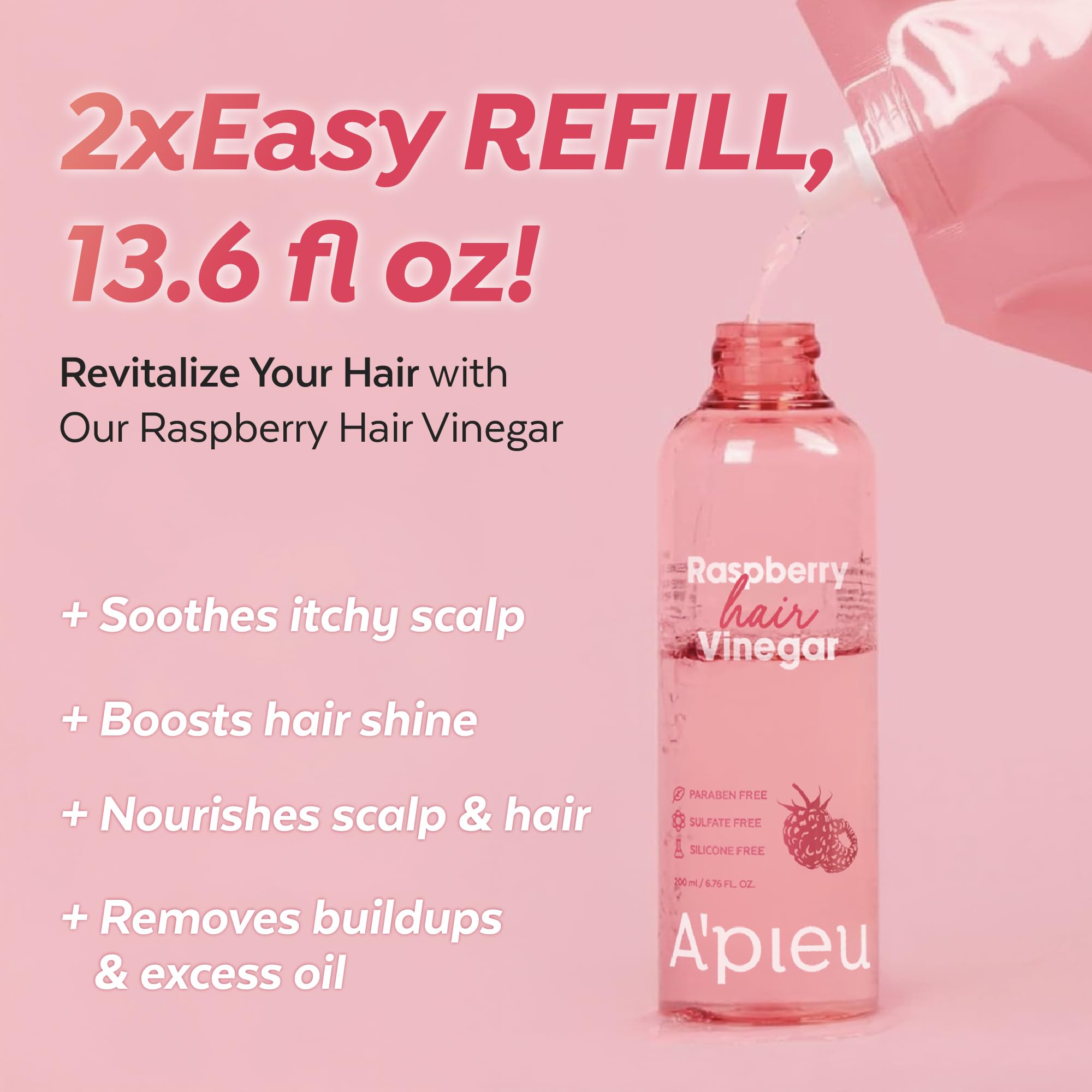 A'PIEU Raspberry Hair Vinegar Refill — Deep Scalp Detox and pH-Balanced Rinse for Oily Hair