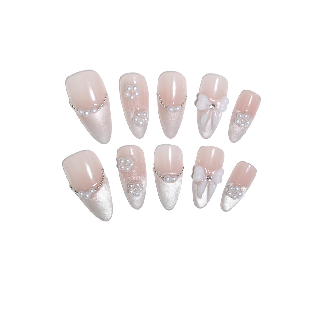 10-Piece Nude Gradient Cat’s Eye Press-On Nails with Pearl Bow & Rhinestones – Almond Shape (XS)