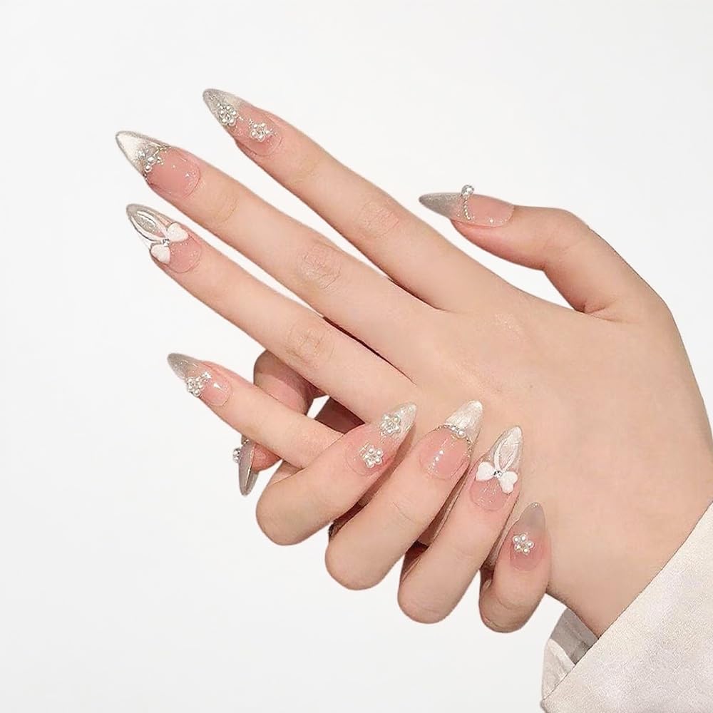 10-Piece Nude Gradient Cat’s Eye Press-On Nails with Pearl Bow & Rhinestones – Almond Shape (XS)