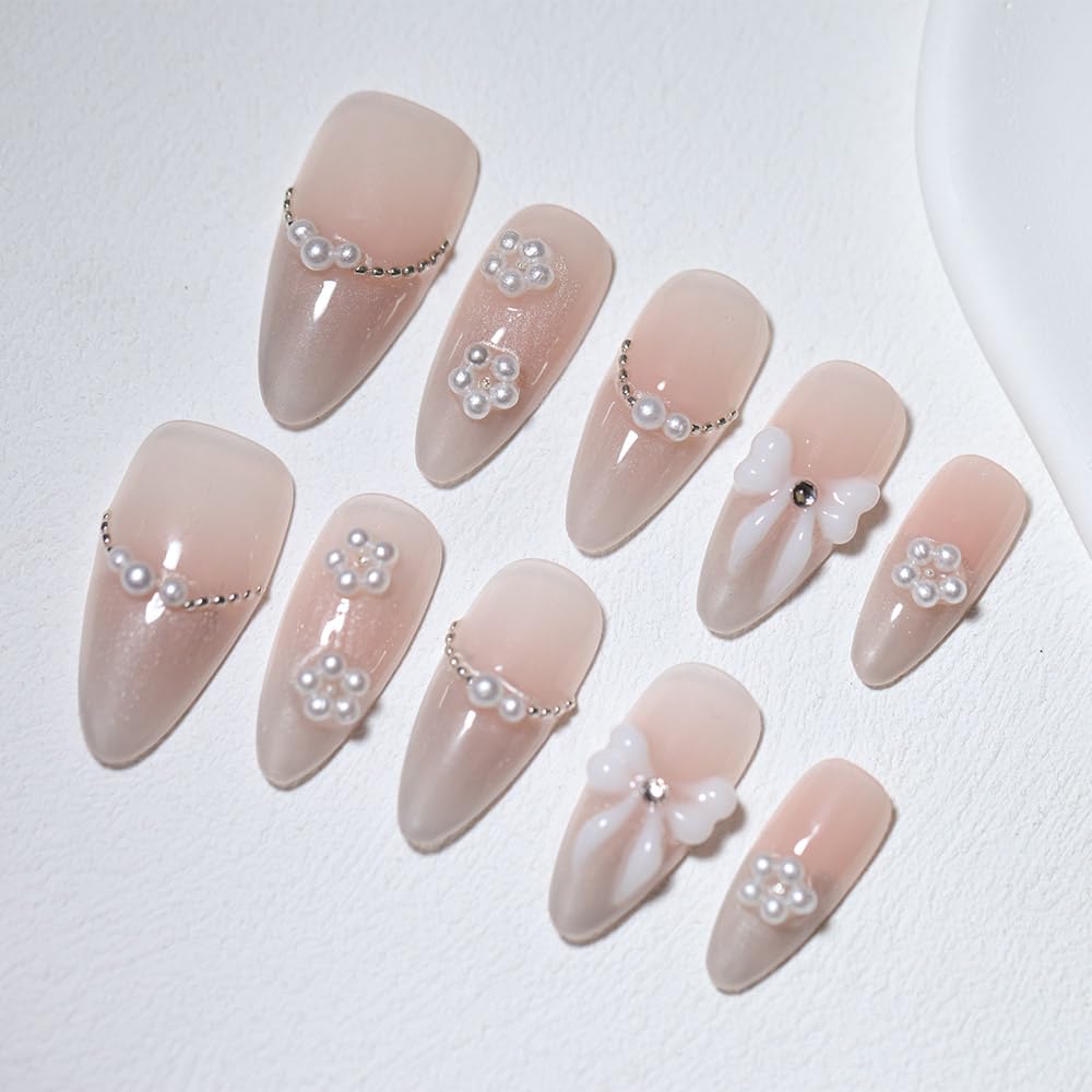 10-Piece Nude Gradient Cat’s Eye Press-On Nails with Pearl Bow & Rhinestones – Almond Shape (XS)