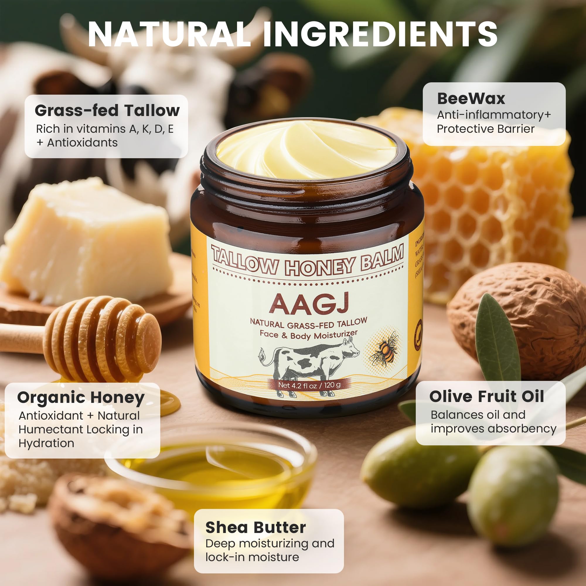 AAGJ Beef Tallow Balm with Raw Honey – 100% Organic Grass-Fed Moisturizer (4.2 oz)