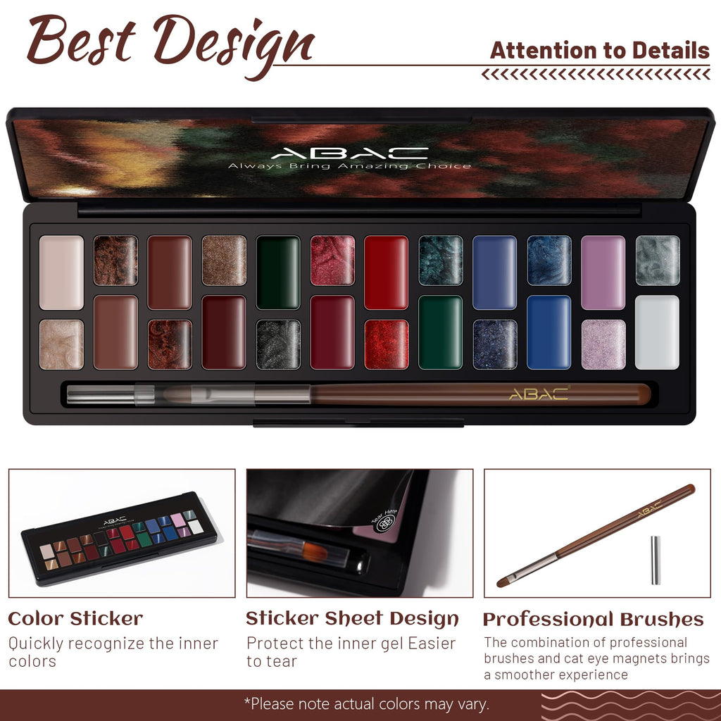 ABAC Solid Cat Eye Gel Polish Palette – HEMA-Free, 24 Colors, Pro Magnet & Brush, LED/UV Ready